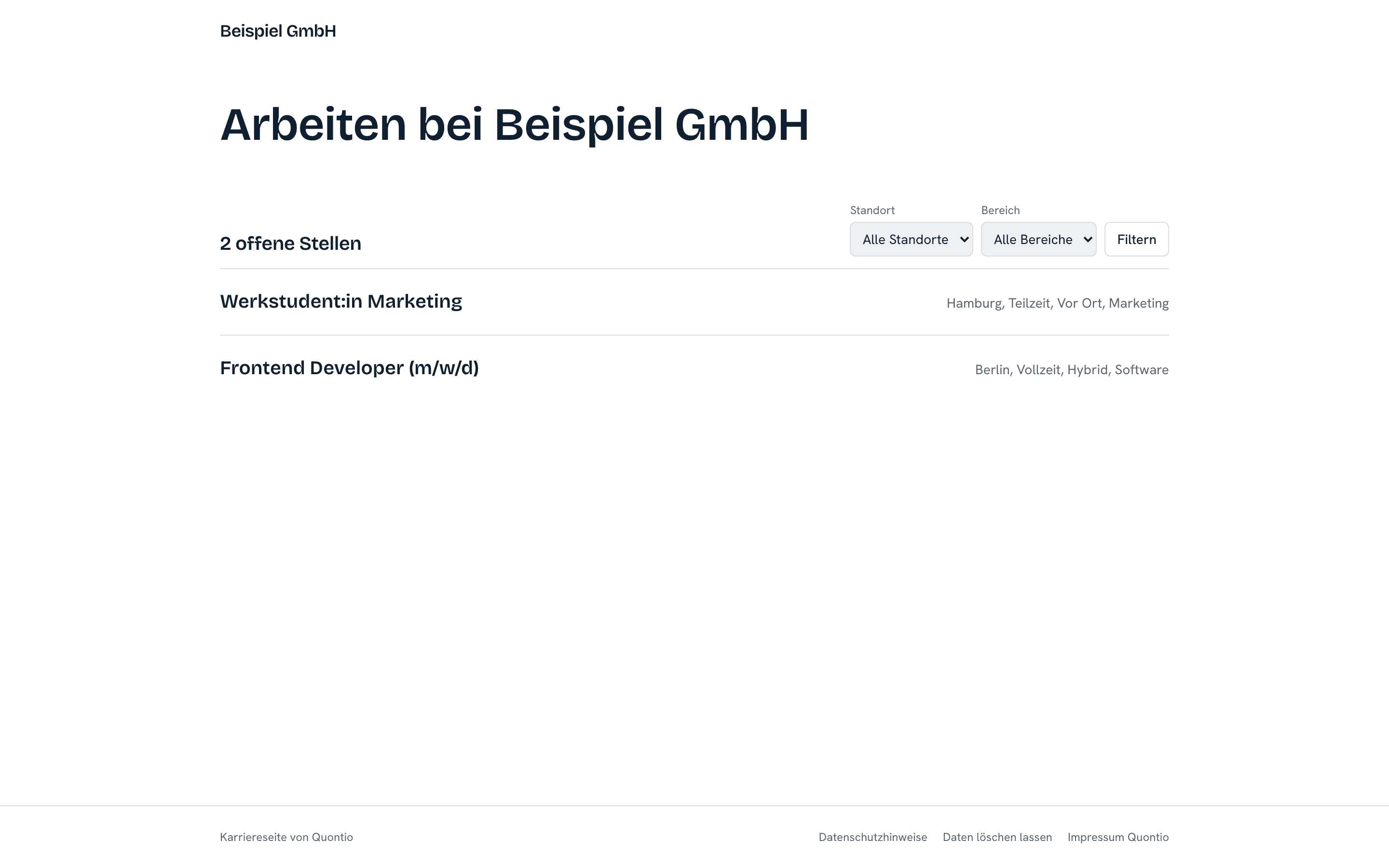 Karriereseite der Testfirma mit drei offenen Stellen