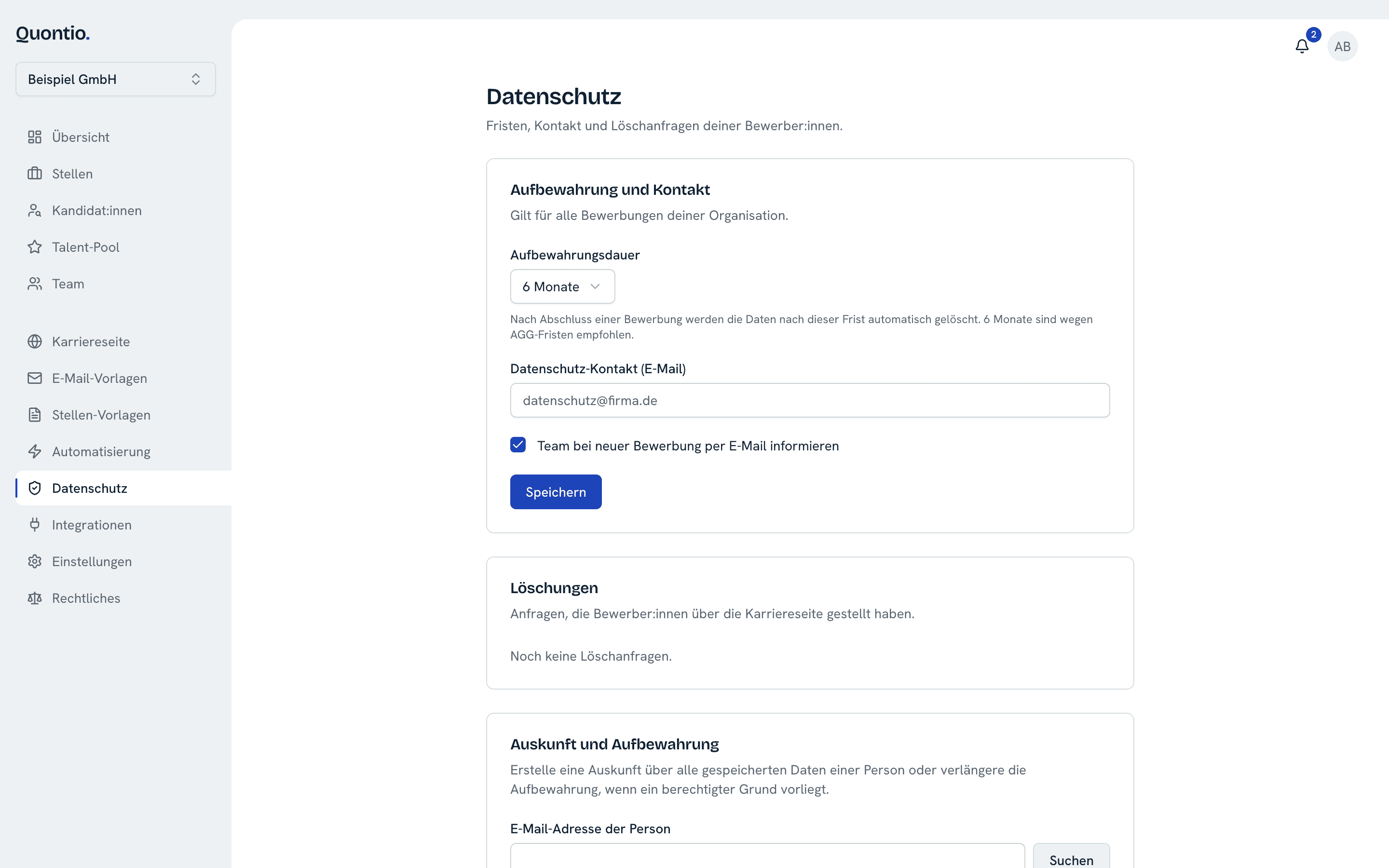 Datenschutz-Einstellungen mit Aufbewahrungsfrist, Löschanfragen und Zugriffsprotokoll